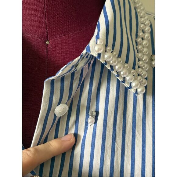 Talbots EMBELLISHED SHORT SHIRT Blouse size S White Blue DAFFODIL STRIPE Button - Picture 5 of 9